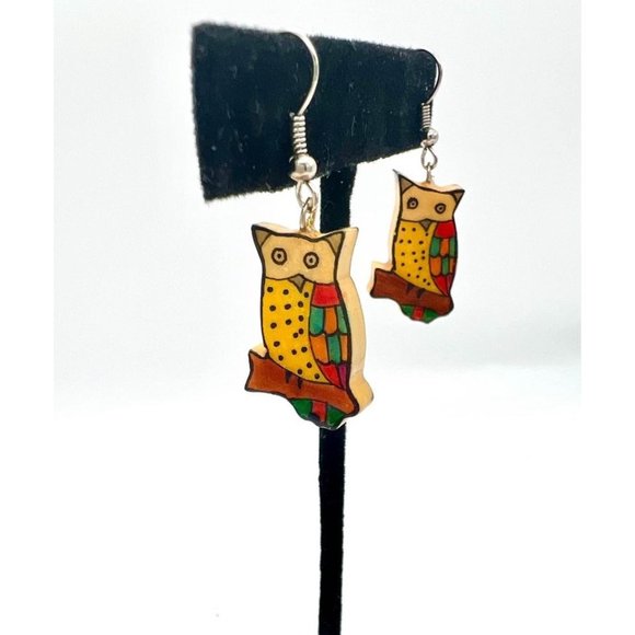 Source Unknown Jewelry - Wooden Colorful Owl Earrings Lightweight Whimsical